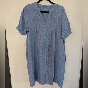 J.McLaughlin Shift Button Up Shirt Dress Midi Blue 100% Linen Beach Resort